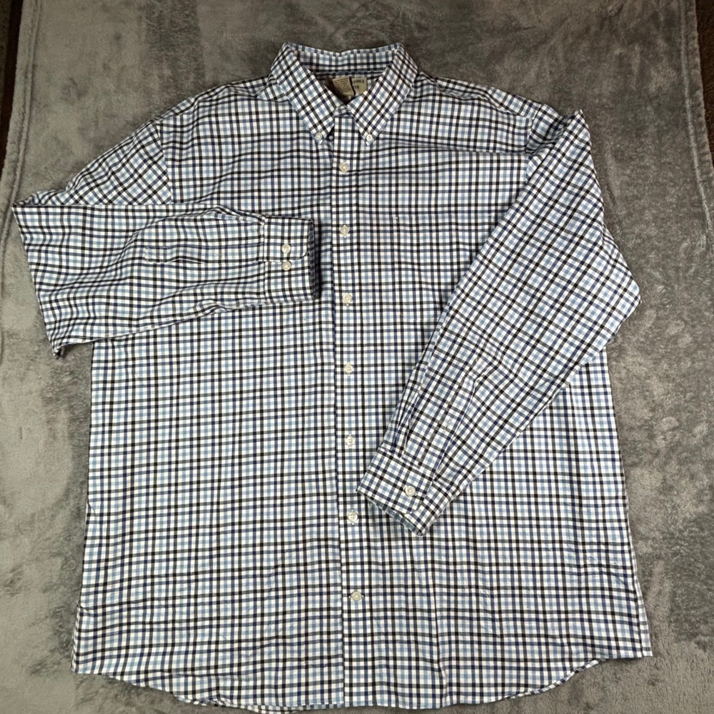 Duluth Trading Co Wrinklefighter Shirt Mens 2XLT Blue Plaid Button Down Cotton